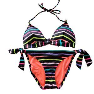 Striped Multicolor Bikini Set Adjustable Halter Top & Tie Side Bottoms Med Women